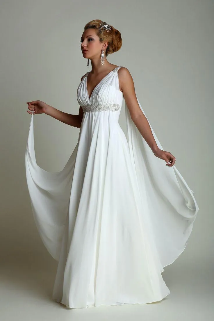 Vestidos de novia de estilo griego con Watteau Train 2020 Vestidos de novia de maternidad de playa griega con cuello en V de gasa larga Vestido de novia griego
