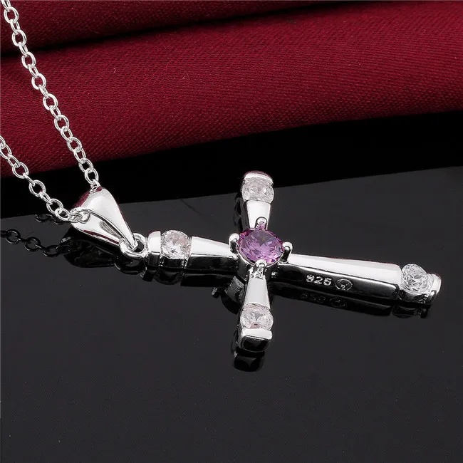 2015 nouveau design violet Zircon 925 Sterling croix d'argent pendentif collier beau cadeau de mariage livraison gratuite