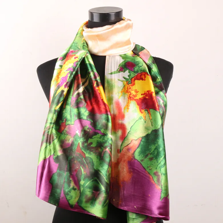 Couleur Pêche Rouge Or Fleurs Vert Violet Feuilles Foulards Mode Femme Satin Peinture À L'huile Longue Wrap Châle Plage Foulard En Soie 160X50 cm