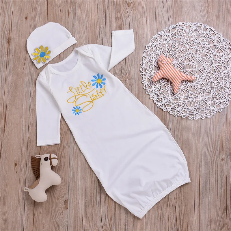 Kids Clothing Long Sleeve Little Sister Baby Girl Clothes Sets Coming Home Outfit Baby Gown Hat Set Baby Sleeping Bag Sleepwear Sleepsuit