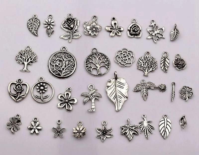 Antique silver mixed flowers trees leaves charm pendants For Jewelry Making Earrings Necklace DIY Accessories311F