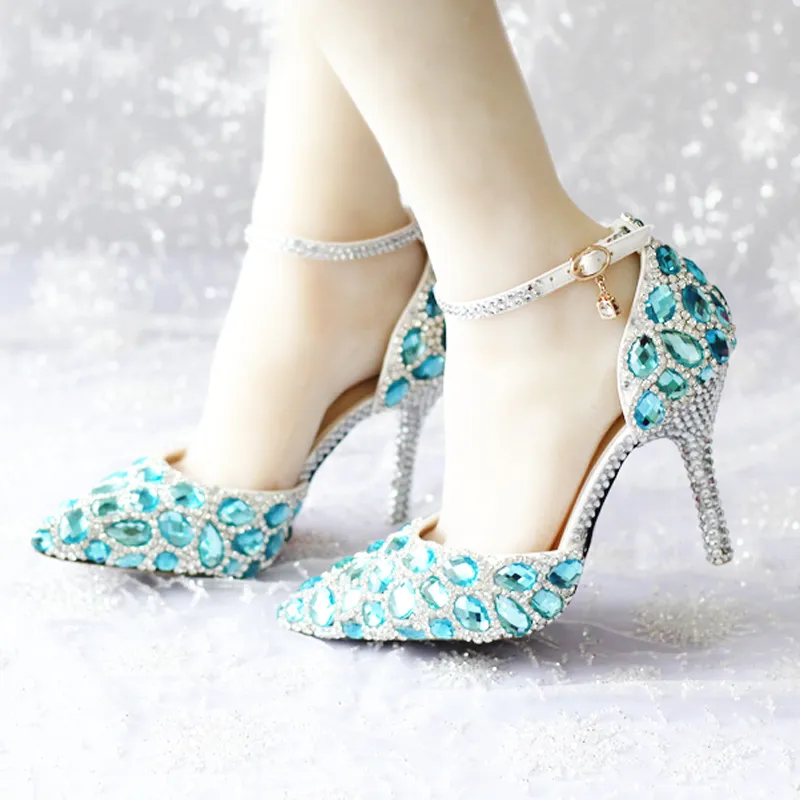Bahar ve Yaz Yüksek Topuk Kadın Düğün Ayakkabı Sivri Burun Yüksek Topuklu Ayak Bileği Kayışı Sapatos Femininos Mavi Rhinestone Artı Boyutu 42