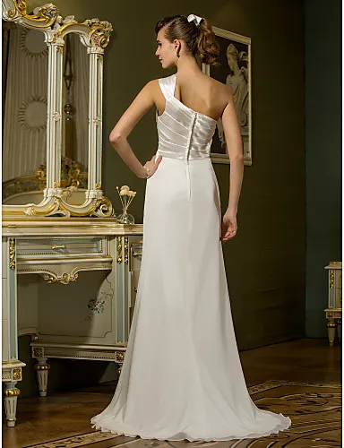 2016 New Fashion Elegant Popular Ivory Sweep/Brush Train One Shoulder Chiffon/Stretch Satin Sheath/Column Wedding Dresses 135