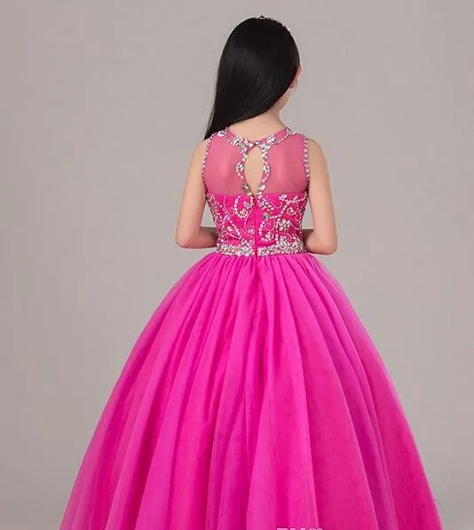 Pink Beaded Pageant Dress For Little Girls Full Skirt Long Tulle Kids Party Gown Birthday Dress Custom Made2358