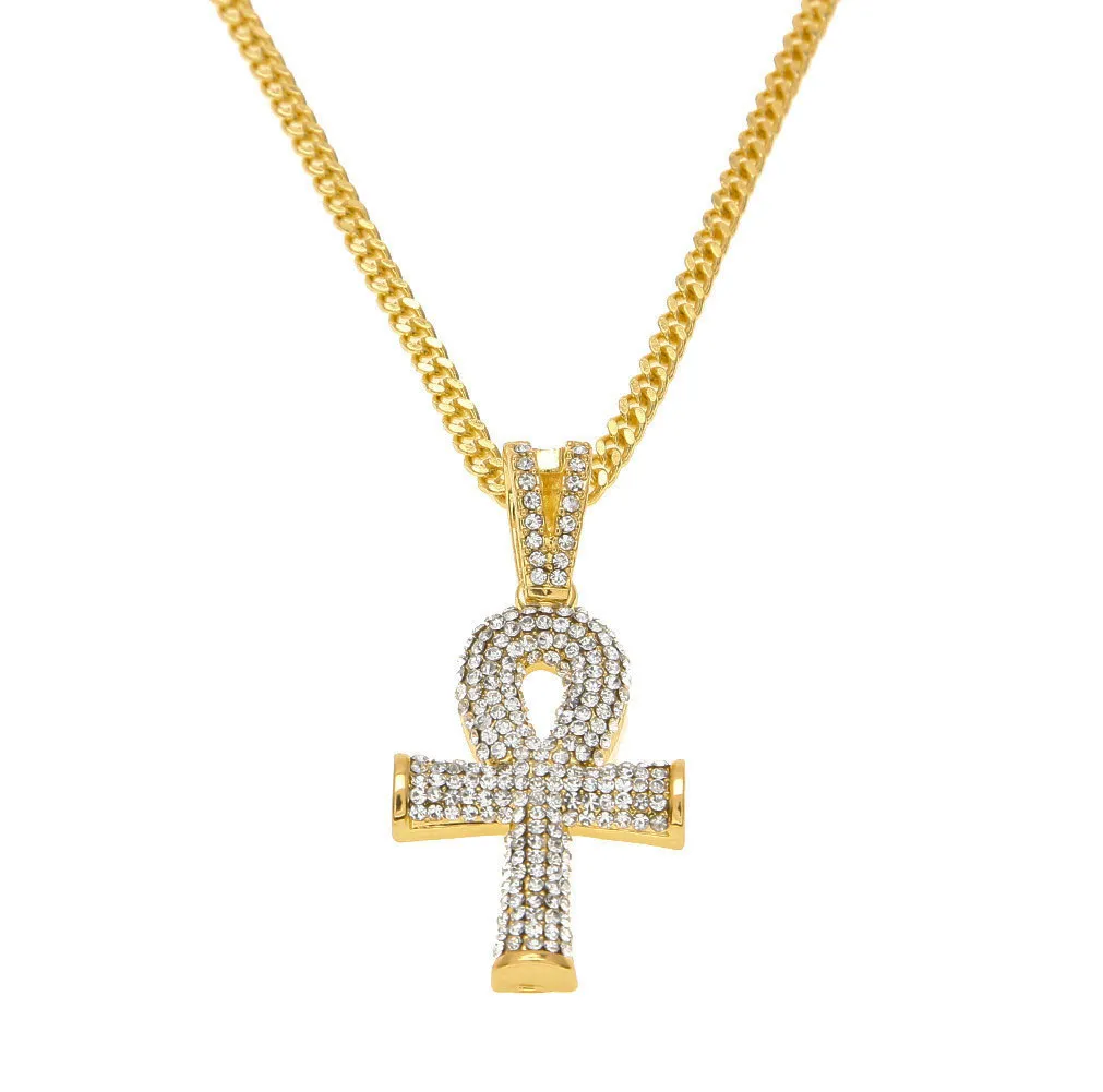 High Quality Fashion Vintage New Egyptian Ankh Key Of Life Pendant Necklace Gold Silver With Bling Rhinestones Hip hop Men Women J4660368