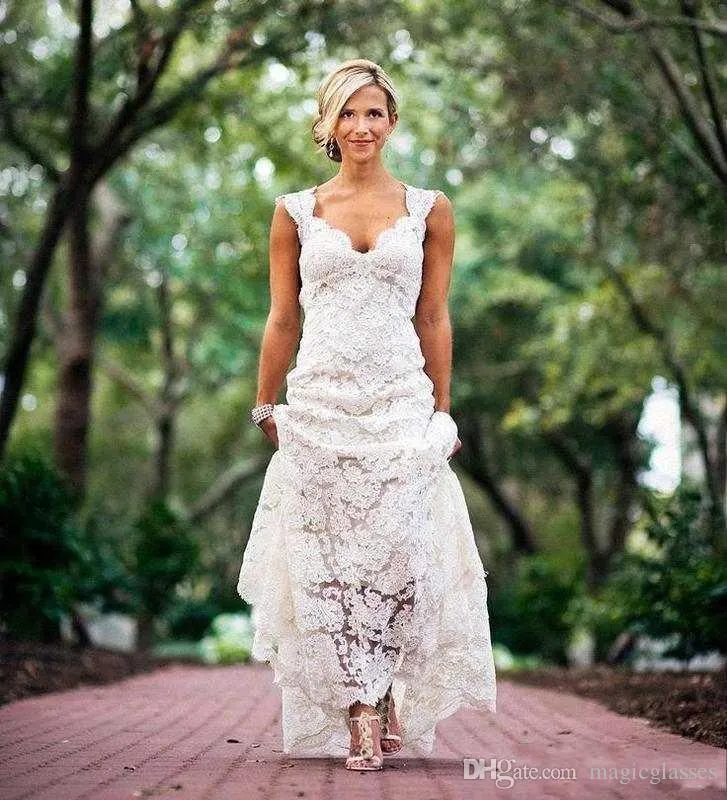 2018 New Chic Rustic Full Lace Wedding Dresses Cheap v Neck Open Back Sweep Sweep Sweep Sweep Sweep Sweep Swee