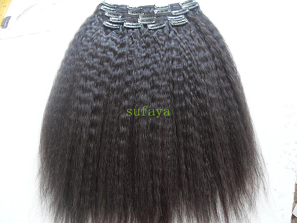 brazilian human virgin remy kinky staight hair weft clip in extensions natural color one set