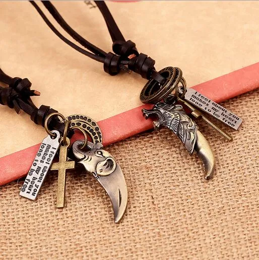 COLLANA UOMO CORDA in pelle catena punk lupo denti collana moda uomo
