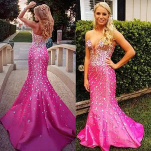 2016 Hot Prom Jurken Crystal Beaded Romantische Rose Red Mermaid Party Jurken Diepe V-hals Sexy Avond Homecoming Graduation Jurken