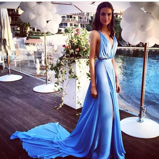 Trend 2016 Blue Split Suknie Wieczorowe Szyfonowe Seksowne Backless Prom Dresses z zanurzenie V Neck Summer wieczorem Suknie Party Suknia Suknia Tanio