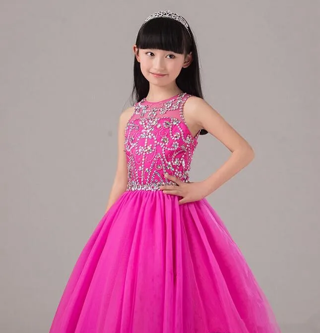 Robe rose chaud perlée Pageant pour les petites filles jupe longue Tulle enfants robe de soirée robe d'anniversaire faite sur mesure