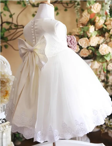 2017 White Bow Flower Girl Dresses Princess Girls Pageant Kids Tulle Floor Length Communion Wedding Party Gown