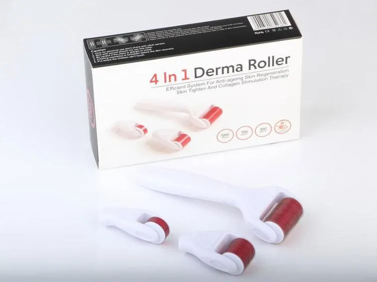 4 في 1 بكرة Derma إبر فولاذ مقاوم للصدأ DRS Derma Roller مع 3 رؤوس 1200 + 720 + 300 إبرة Derma roller Kit لإزالة حب الشباب