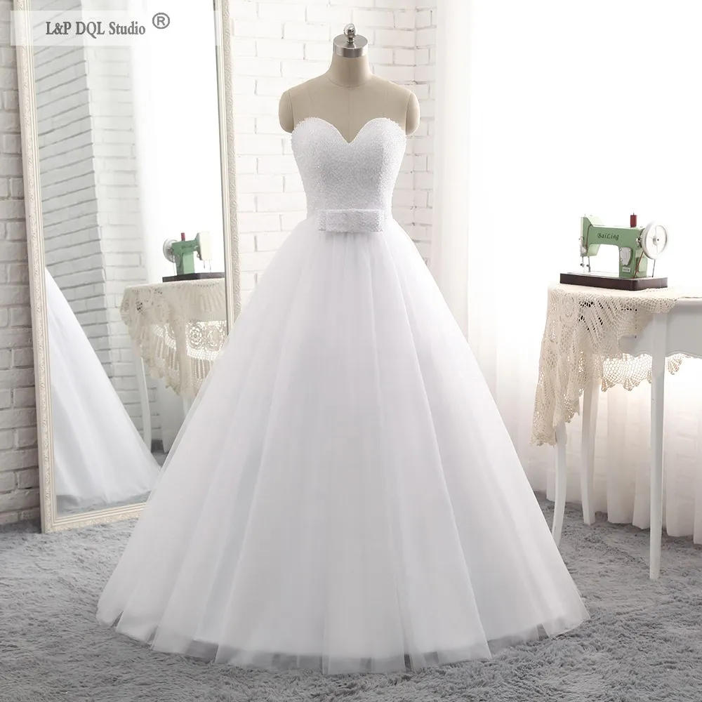 Sparkling Top White Ball Gown Wedding Dresses Plus Size Bridal Gowns Lace-up Back Detachable Bow vestido de novia