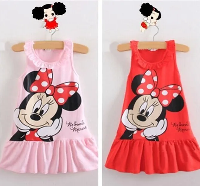 Nuevo 2014 niñas ropa lindo Mouse Minnie Vestido 2 colores rojo rosa mini