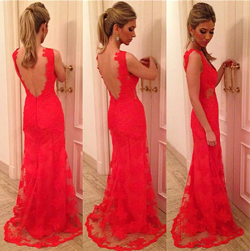 Prawdziwy obraz Vestidos de Baile Aplikacje Wytnij Backless Red Lace Prom Dresses 2015 Elie Saab Długie Syrenki Suknie Wieczorowe Darmowa Wysyłka