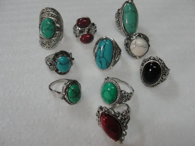 Het försäljning vintage ädelstenringar eleganta tibetanska ringar modesmycken ringar turkosa ringar blanda 30 st/parti