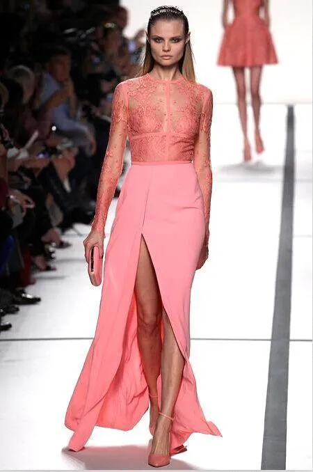 Elie Saab Sexy Coral Split Avondjurken Rode Tapijt Jurken Lange Mouwen Hoge Slit Illusie Kant Party Prom Dress Celebrity See-Through