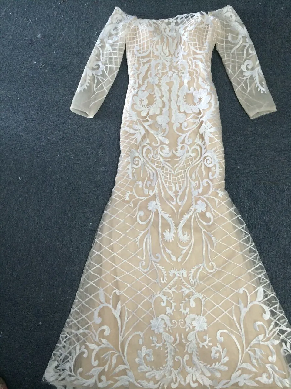 2015 Embroidery Evening Dresses Mermaid Ivory over Champagne Off Shoulder Long Sleeves In Nude Color Fashion Real Pictures dhyz 016754426