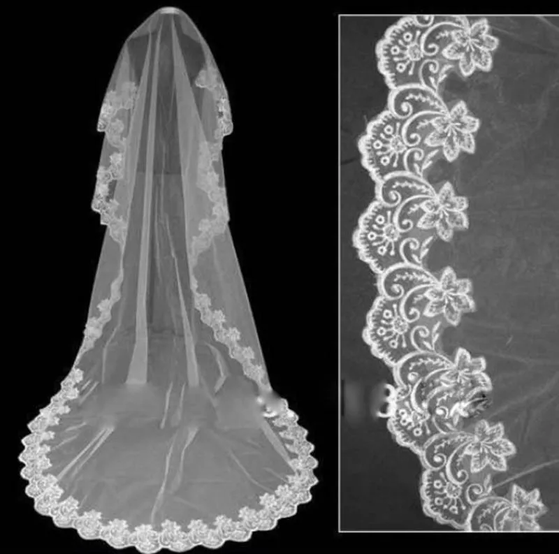 2019 Long Wedding Veil Exquisite Cheap Bridal Veil One Layer Lace Edge Cathedral Längd Pärlor Brudslöja Bröllopsklänningar Accessor4785690