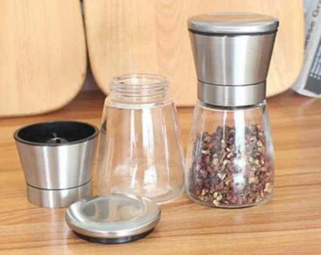 New Stainless Steel Salt And Pepper Mill Glass Body Spice Grinder Kitchen Accessories Cooking Tool KD1