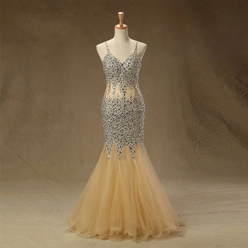 Sparkly Champagne Mermaid goedkope prom -jurken met bling kristallen kralen Backless Long Tule Zie door middel van taille sequolin kralen evenin4497255