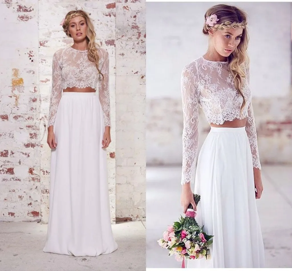 2021 Twee Stukken Crop Top Bohemian Trouwjurken Chiffon Ruches Vloerlengte Bruidsjurken Lente Kant Lange Mouw Weddi2440