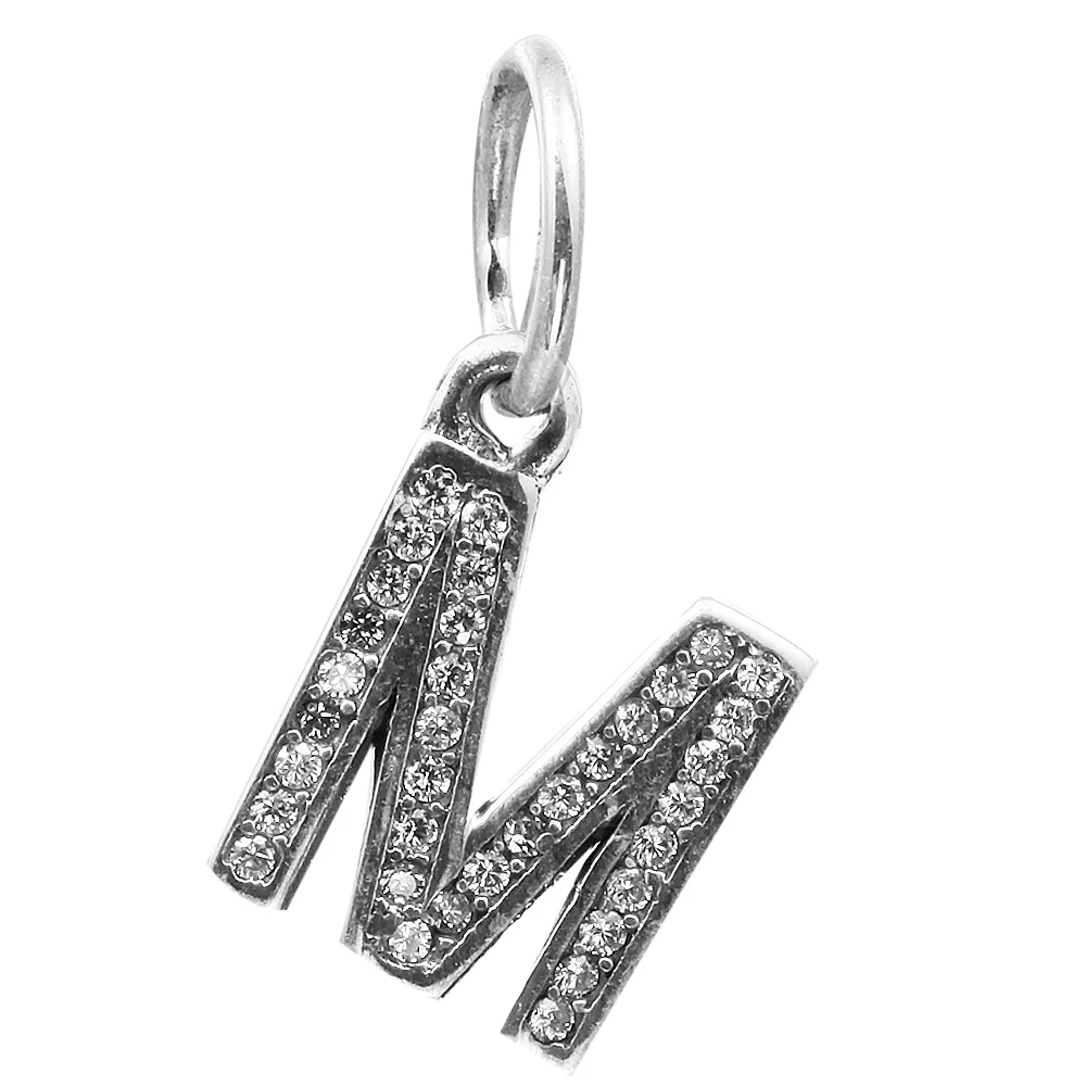 Letter M Dangle with Clear CZ 013 100% 925 Sterling Silver Beads Fit Pandora Charms Bracelet Authentic DIY Fashion Jewelry