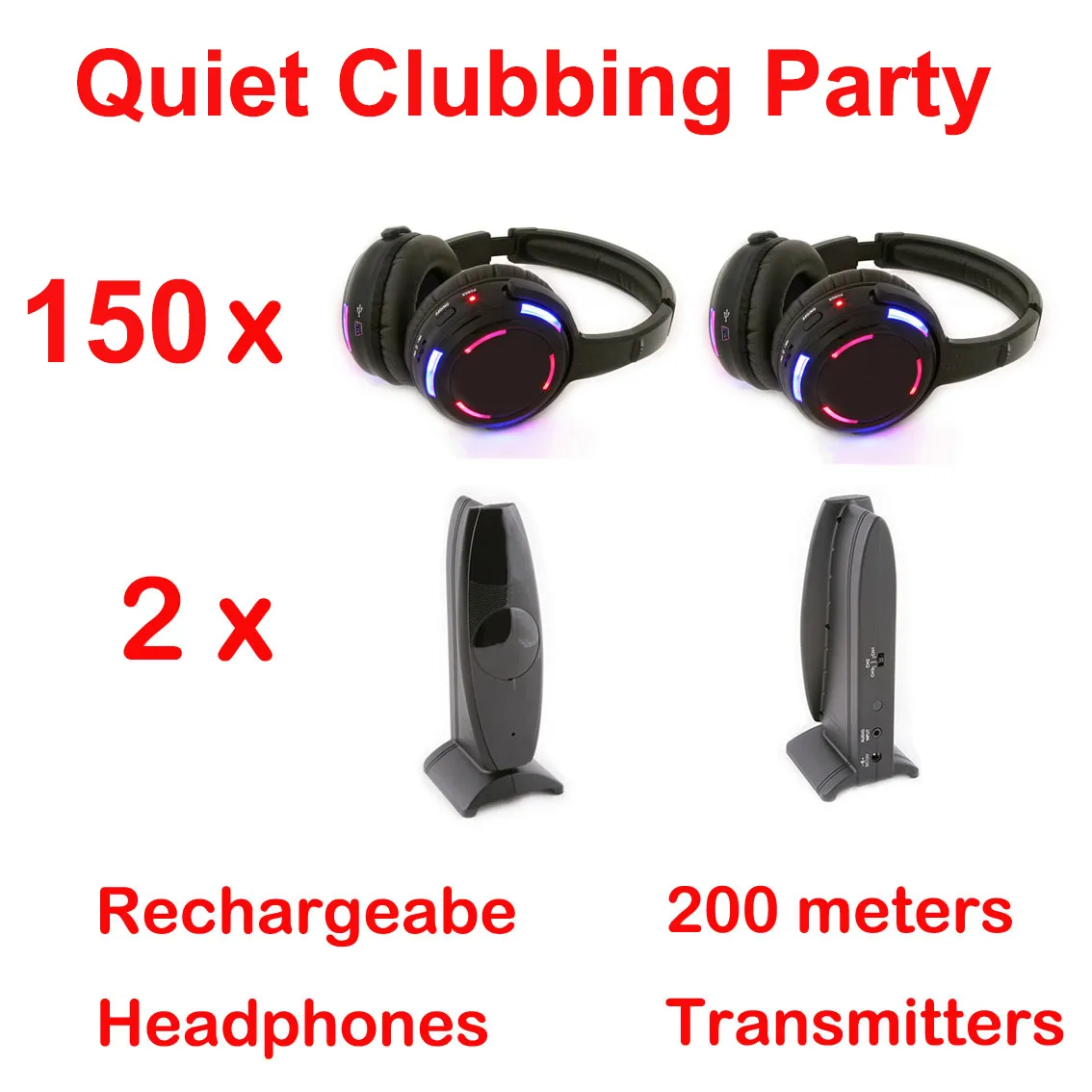 RF Silent Disco wireless Led headphones UHF headset- Quiet Clubbing Party Bundle with 150 Earphones and 2 Transmitters 200m Distance