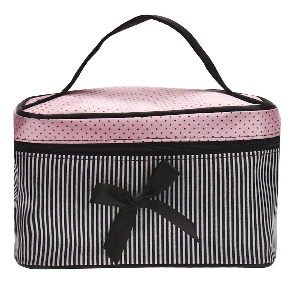 Prezzo più basso Borsa da donna Borsa quadrata a righe con fiocco Borsa cosmetica per biancheria intima Reggiseno intimo Borse a punti Borsa da viaggio Kit da toilette Sac