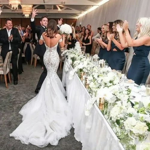 Steven Khalil Dubai Arabische trouwjurk Mermaid van de schouderhof trein Applique Backless Lace Wedding Bridal Ghurns Custom Made Made Made