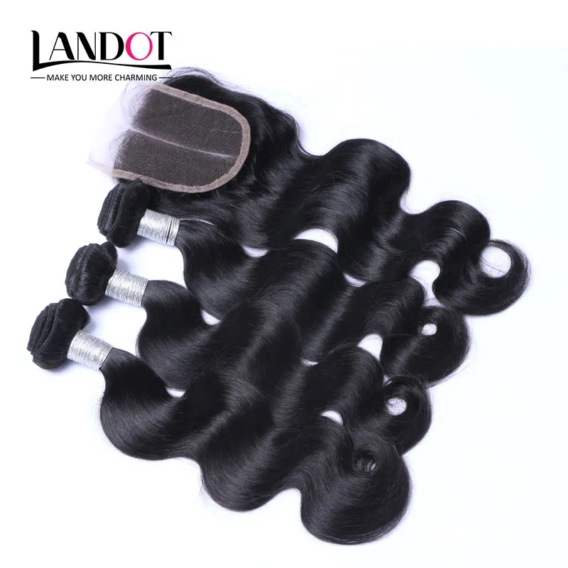 Top Lace Stängningar med 3 buntar Brasilianska Virgin Hair Weaves Malaysian Indian Peruvian Kambodjansk BraySy Body Wave Remy Human Hair Wefts