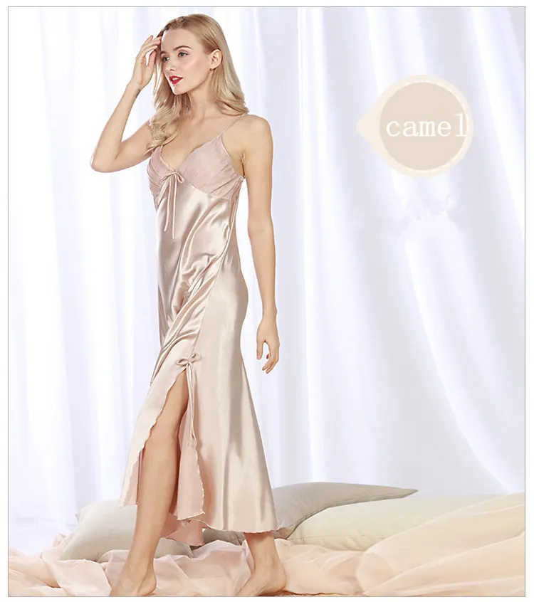 Imitation silk pajamas spring and summer ladies long paragraph split split sexy sling sleep dress sexy home service 