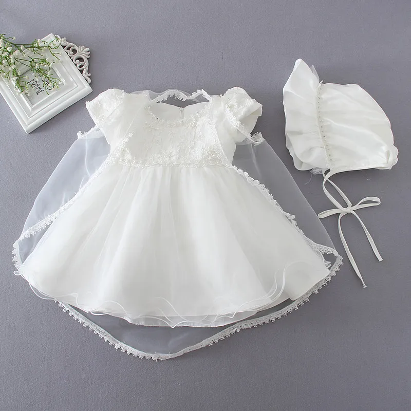 Nouveau bébé fille baptême baptême robe de pâques robes dentelle Satin broderie Shwal formelle enfant en bas âge bébé fille robes de soirée Set3150202