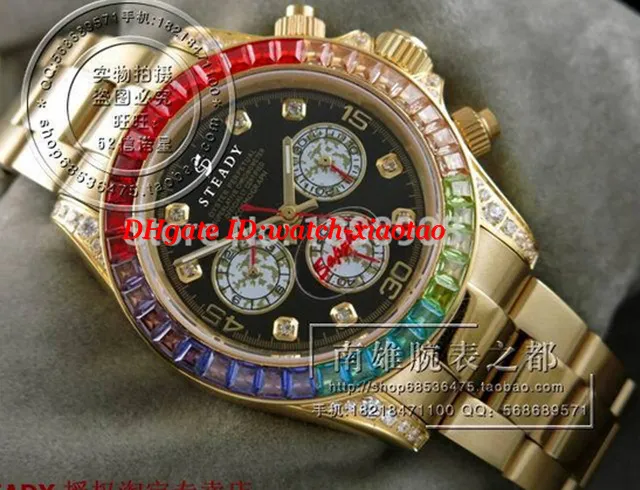Top Quality Watches 012 Black Dial Golden Diamond Colored Crystal Bezel Golden Strap Automatic Men's Watch