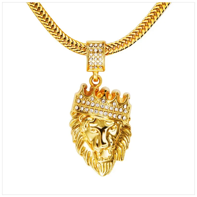 Hot Mens Hip Hop Jewelry Iced Out 18K Gold Plated Fashion Bling Bling Lion Head Pendant Men Necklace Gold Filled For Gift/Present