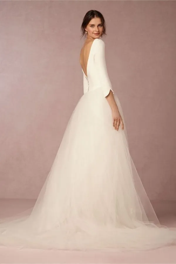 Cheap Stunning Winter Wedding Dresses A Line Satin Top Backless Bridal Gowns with Sleeves Simple Design Soft Tulle Skirt Sweep Train