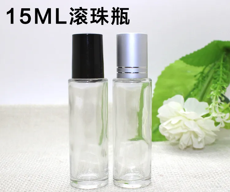 15ml Clear Glass Bottle With Stainless Roller+ Black And Aluminum lid(two lines) Cap,15ml Roll-on Bottle for 15cc Oil Sample Care