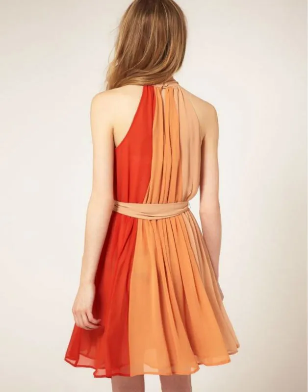 Hot Summer Europe Fashion Women's Chiffon Orange Dress Lady's Female O-neck Lace Up Causal Dresses