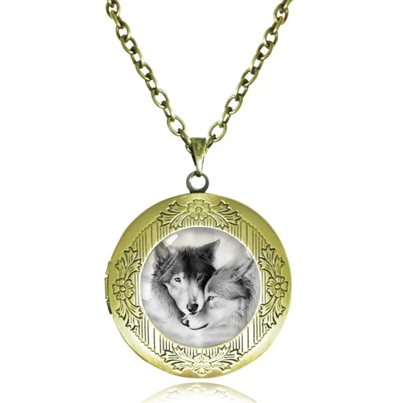 Aşk Kurt Locket kolye Çiftler Lover Doğal Ülkücü kolye Cam Cabochon Hayvan Neckless Antik Bronz gerdanlık Fotoğraf Çerçevesi için