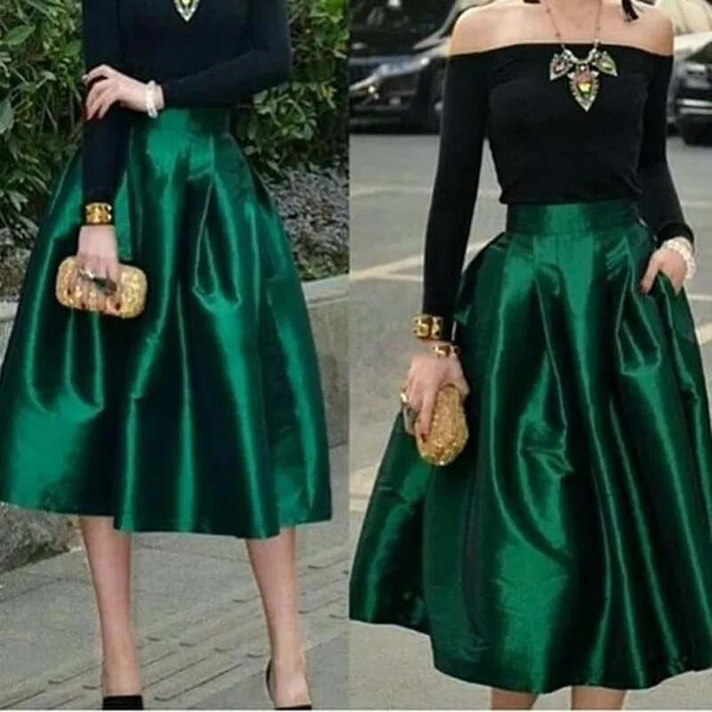 Dark Green Under Midi Skirts For Women High Waisted Ruched Satin Tea Length Petite Cocktail Party Skirts Top Quality Women Formal Outfits