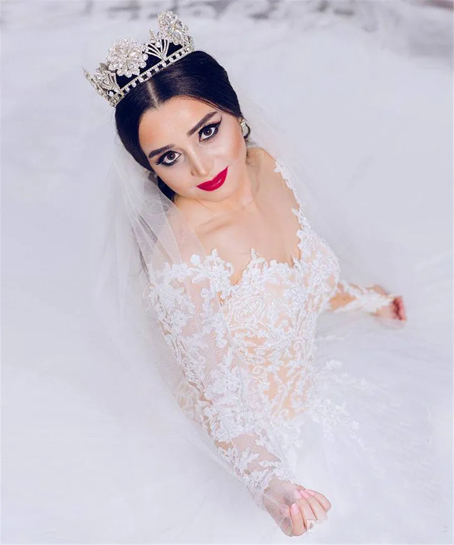 Sheer Crew Neck Lace Appliques Lange mouwen Elegante Vestios de Novia Bridal Jurken Nieuwe Saoedi-Arabische A-lijn trouwjurken