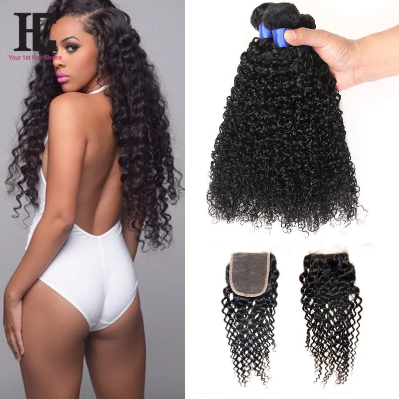 Cheveux vierges bouclés brésiliens avec fermeture 4 faisceaux avec fermeture Cheveux vierges brésiliens avec fermeture Extensions de cheveux humains HC