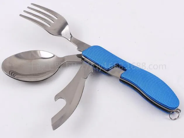 جديد وصول متعدد الوظائف التخييم نزهة أدوات المائدة الفولاذ الصلب السكاكين 4 في 1 للطي ملعقة شوكة سكين فتاحة