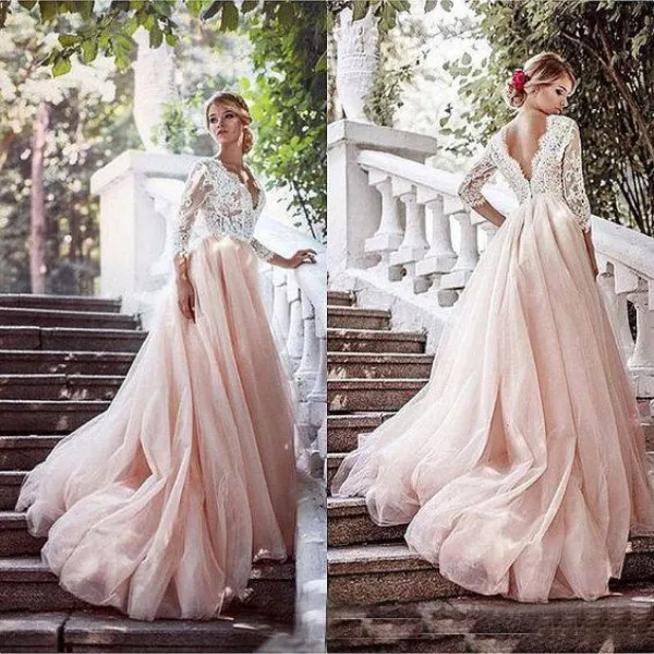 2019 plus récent fard à joues rose pays robes de mariée avec manches col en V profond illusion top dentelle appliques couleur tulle jupe robes de mariée sur mesure