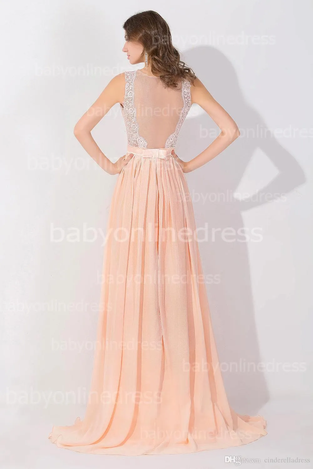 Abiti da sera economici lunghi in chiffon rosa pesca Prom Dresses 2016 Abiti da sera lunghi backless trasparenti in puro abito da damigella d'onore