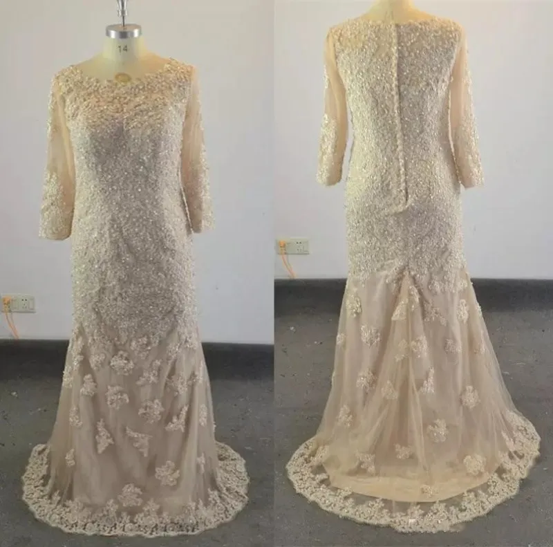 Elegante llegada Trajes de madre de la novia Joya Escote redondo Manga larga Apliques Perlas Vestido de cuentas Por encargo Hasta el suelo Madre Vestidos de sirena formales