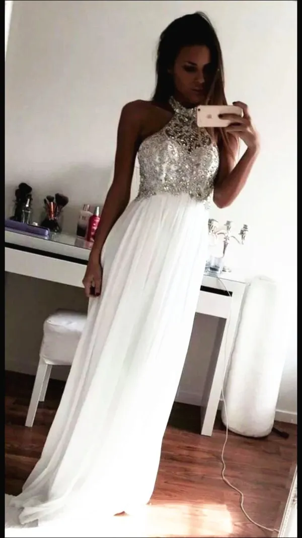 Prom Klä Långkristaller Beaded Top Illusion Halter High Neck Ärmlös Vit Chiffon Custom Made Evening Party Wear Formal Chowns