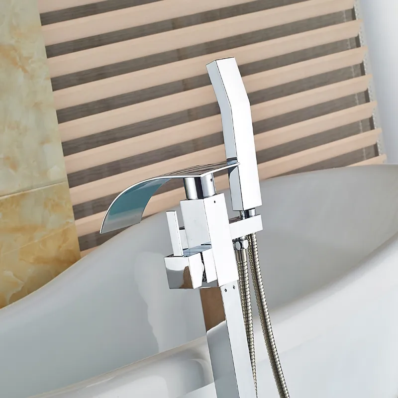 Frittstående badrum badkar kran + handhållen dusch krom yta singel handtag badkar mixer kranar