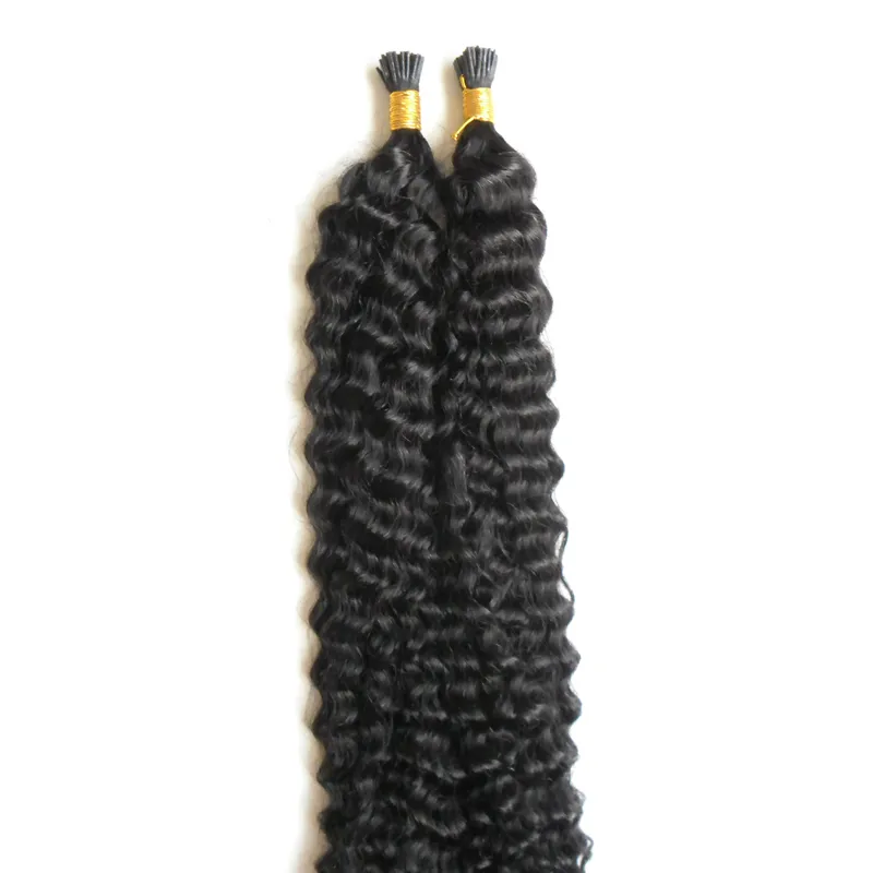 I-Tip-Haarverlängerungen, mongolisches Afro-Kinky-Curly-Jungfrau-Haar, 100 g, 100 Sekunden, Nr. 1, tiefschwarz, vorgebunden, keine Remy-Echthaarverlängerungen
